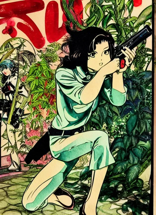 Image similar to vintage cinematic 7 0 s anime comic book watercolor, tewi inaba with a gun by dean cornwell, by billy childish, by gifford beal, fisheye lens, the background is a maximalist botanical old shabby chic green room filled with all kinds of plants and trees by enjolras delphin, ethereal soft and fuzzy glow, by cicely mary barker