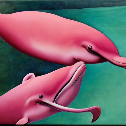 Prompt: a highly detailed oil painting of 2 pink dolphins in a cheese world, 4 k, trending on art station, in the style of dali, boch, matisse caravaggio, comical