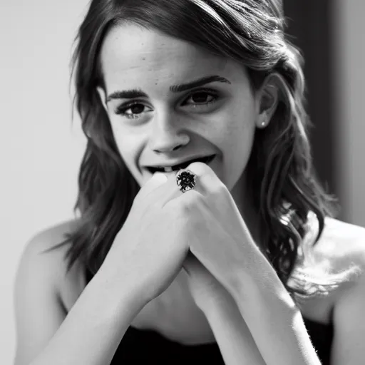 Image similar to A photo of laugh emma watson showing wedding ring on his finger. 50 mm. perfect ring. award winning photography