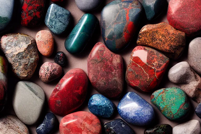 Image similar to octane render of beautiful jasper stones, shades of red, dark green, dark blue, beautiful raw jasper, gallery display photograph, ambient lighting, intricate light, detailed