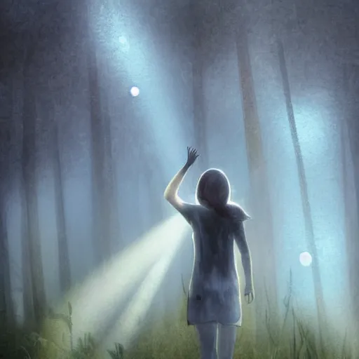 Prompt: close up of a dirty lost person is following a small floating blue softly glowing ball of light through a foggy swamp, art by Agus SW .