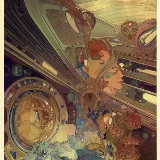 Image similar to a beautiful intricate watercolor illustration of an interior of space ship, 4 k, ultra - wide angle, by william turner, by victo ngai, by alphonse mucha, by miho hirano, by moebius, hd, trending on artstation, hyper detailed, muted colors