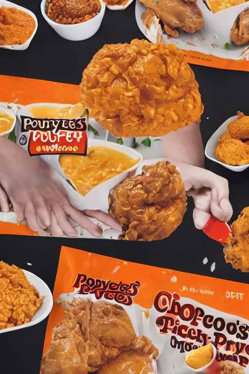 Image similar to an advertisement for popeyes new chicken, called chicken poop manure, smelly, shitty, stinky, poop sauce included!