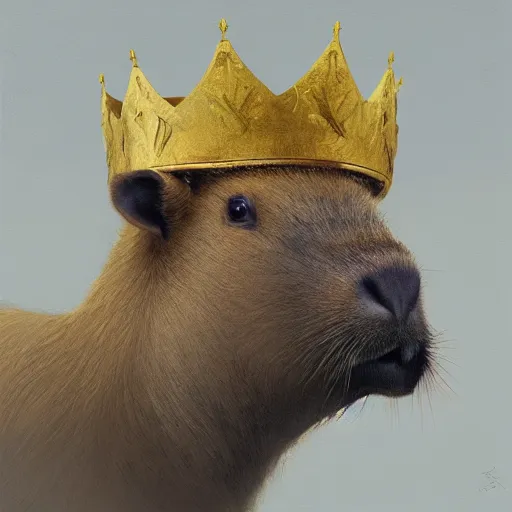 Image similar to detailed photorealistic painting of a capybara wearing a detailed ornamented golden crown sharp focus in the style of ruan jia, Mandy jurgens, cinematic light, concept art, trending on artstation, ultra realistic