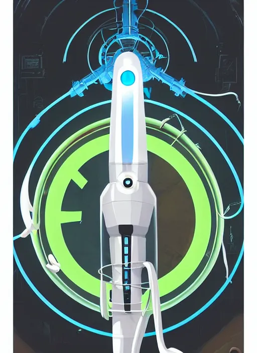 Image similar to poster artwork by Michael Whelan and Tomer Hanuka, of a product poster of the Portal Gun, from the game Portal 2, from Valve, Aperture Science, clean