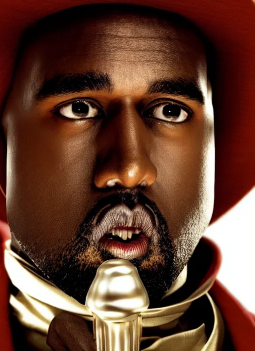 Image similar to portrait kanye west as willy wonka in django unchained, splash art, movie still, cinematic lighting, ray tracing, octane render, long lens, shallow depth of field, bokeh, anamorphic lens flare, 8 k, hyper detailed, 3 5 mm film grain