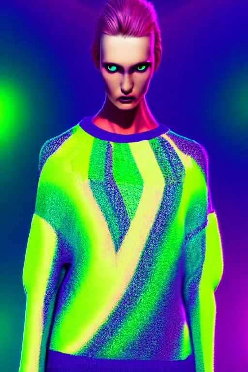 Image similar to stylish pullover for a rave bright colors, many details, photo for a magazine, photo for a store, fashion photography, Vogue, cinematic, hyper realism, high detail, 8k, very coherent symmetrical work, perfect face model, full length photo, Upper and lower body, white eyes, photographer style by Nik Night Erik Madigan Hec and Walter Chin and Camilla Akrans and Miles Aldridge