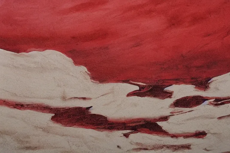 Image similar to ancient martian landscape, minimalistic red and ink airbrush painting on white background