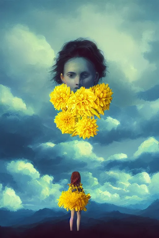 Image similar to closeup girl with huge yellow dahlia flower face, intricate, standing on mountain, surreal photography, blue storm clouds, dramatic light, impressionist painting, digital painting, artstation, simon stalenhag