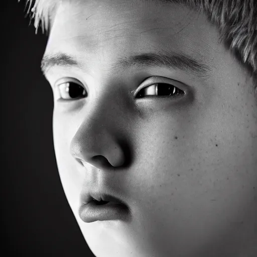 Image similar to portrait of down syndrome xqc, sharp focus, 4 k editorial photograph, soft lighting, black background