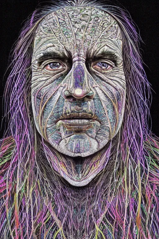 Prompt: beautiful dark portrait of one Bioluminescent old shaman, with cracked fractal semi-transparent skin. multicolored fish scales, closeup. long hair full of insects and plant leaves. at night, realistic. intricate, very detailed, by alex grey and Moebius