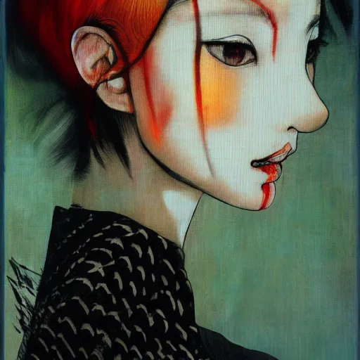 Image similar to yoshitaka amano blurred and dreamy realistic three quarter angle portrait of a young woman with short hair and black eyes wearing office suit with tie, junji ito abstract patterns in the background, satoshi kon anime, noisy film grain effect, highly detailed, renaissance oil painting, weird portrait angle, blurred lost edges