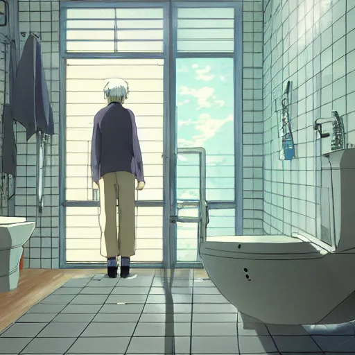 Image similar to an old man in the bathroom,slice of life anime,anime scenery by Makoto shinkai