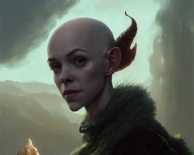 Image similar to highly detailed portrait of sophia lillis as a bald elf, in skyrim, stephen bliss, unreal engine, fantasy art by greg rutkowski, loish, rhads, ferdinand knab, makoto shinkai and lois van baarle, ilya kuvshinov, rossdraws, tom bagshaw, global illumination, radiant light, detailed and intricate environment