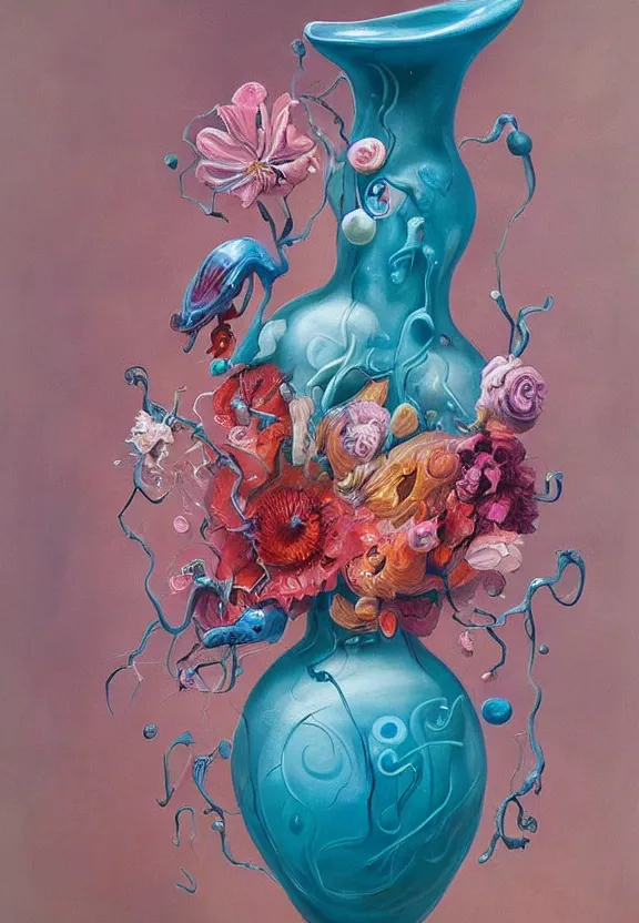 Image similar to a biomorphic painting of a vase with flowers and eyeballs in it, a surrealist painting by marco mazzoni, by dorothea tanning, pastel blues and pinks, lips, melting, plastic, featured on artstation, metaphysical painting, oil on canvas, fluid acrylic pour art, airbrush art, seapunk, rococo, lovecraftian