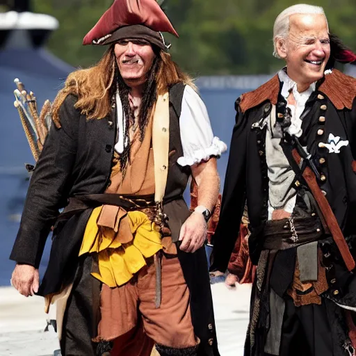 Image similar to Joe Biden dressed up as a scurvy and mean spirited pirate with raggy pirate captain clothes.