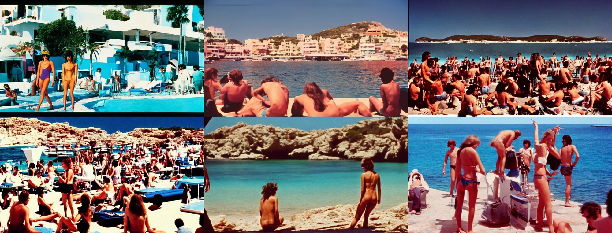 Prompt: full color still, experimental film set in ibiza, ektachrome ( 1 9 7 6 )