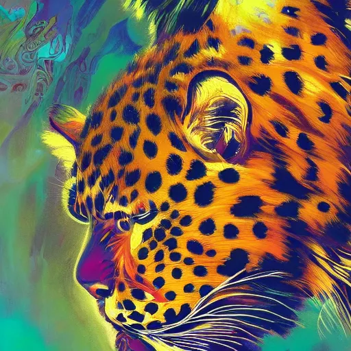 Prompt: a colorful closeup portrait of an amur leopard dreamy vibes floating head and dreaming psychedelic hair. halo behind his head. trending on artstation. by peter mohrbacher and moebius and alex ross. intricate detail. hyperrealistic. photorealism. 8 k. flat design