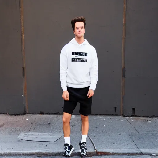 Prompt: Jimmy Neutron wearing a white sweatshirt and black shorts and white sneakers standing on the side of a street in new york city, 8k, professional,