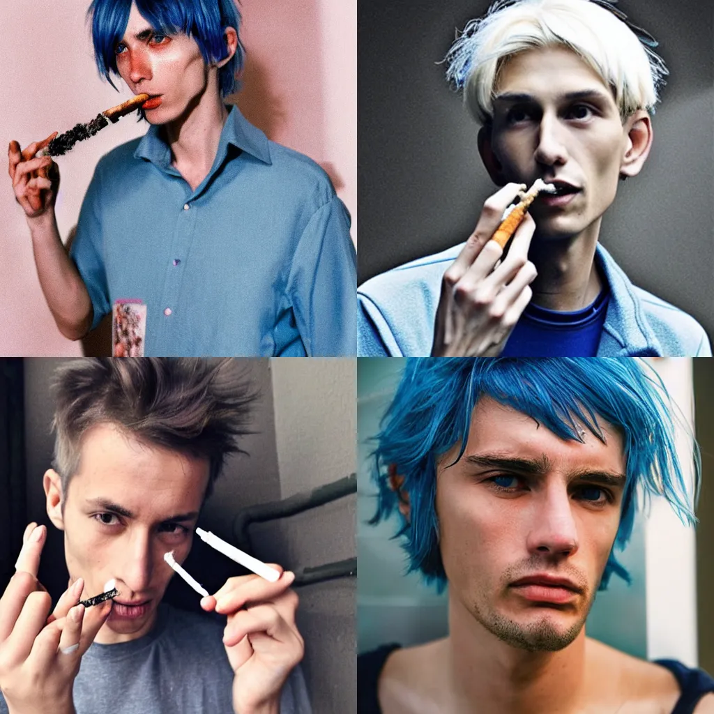 Prompt: A skinny man with medium-length messy blue hair and eye bags smoking a cigarette