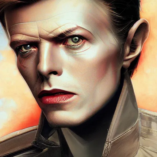 Prompt: young David Bowie, techwear, android, abstract album cover, artists portrait, highly detailed, digital painting, concept art, sharp focus, depth of field blur, illustration, art by artgerm and greg rutkowski and alphonse mucha