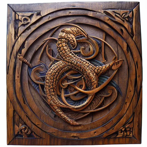 Prompt: jormungandr, ouroboros, elaborate wooden carving, runic texturework, ornate detail, rich woodgrain, laquer varnish