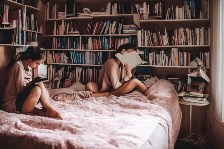 Image similar to a girl reading a book on her bedroom