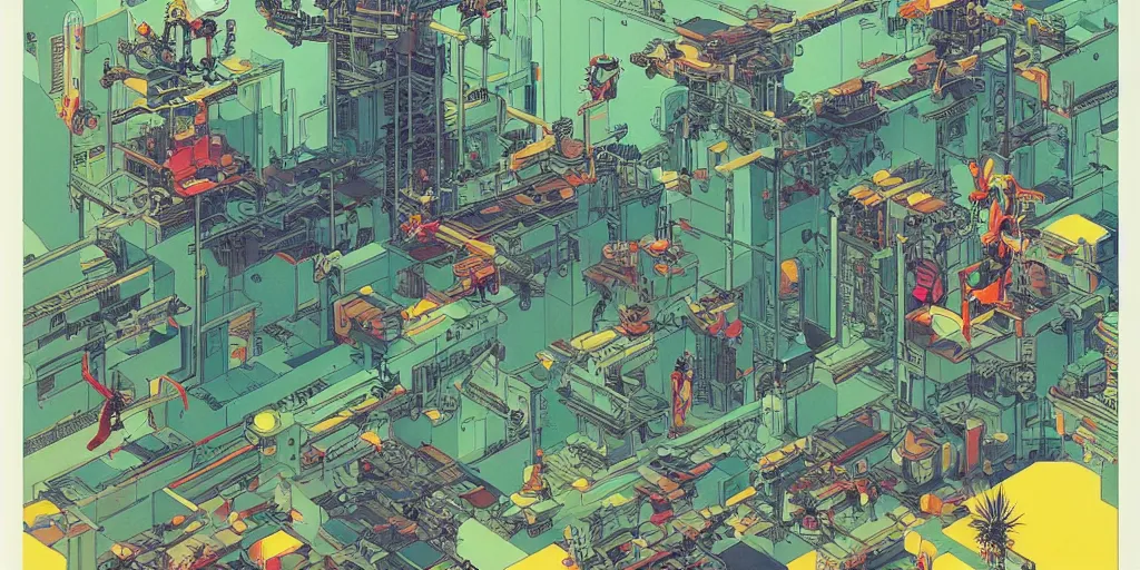 Prompt: gigantic robotic drones with lasers with human faces catch tiny robots, a lot of exotic plants around, human heads everywhere, risograph by satoshi kon and moebius, no text!, colorful flat surreal design, super - detailed, a lot of tiny details, fullshot