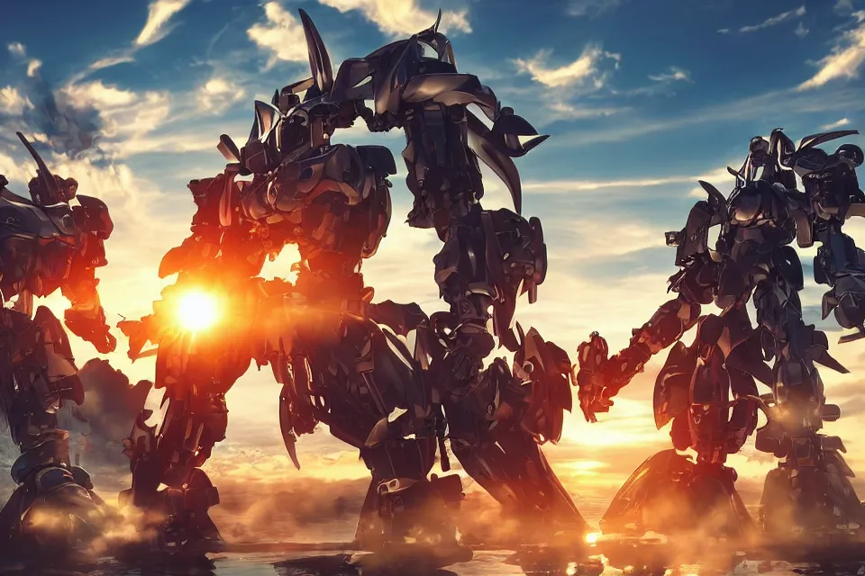 Image similar to Kow Yokoyama Style Mecha and Cyborg Waifu Battle In A Beautiful Lake, beautiful sunset, photorealistic, hyperrealistic, octane render, HDR, IG Studios Anime Style