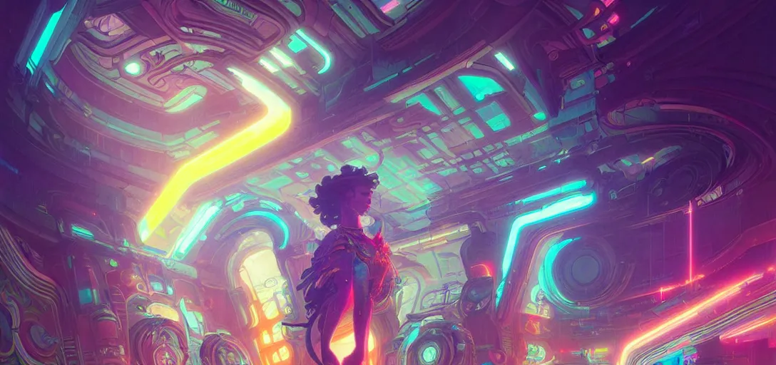 Image similar to a cybernetic temple, vaporwave aesthetic, colorful, psychedelic, digital painting, artstation, concept art, smooth, sharp focus, illustration, art by artgerm and greg rutkowski and alphonse mucha