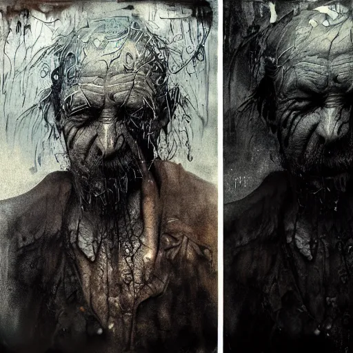 Prompt: wet collodion photography of innsmouth dweller mutant fisherman sailor old man with gills and scales creatures from the deep ocean by emil melmoth zdzislaw beksinki craig mullins yoji shinkawa realistic render ominous detailed photo atmospheric by jeremy mann francis bacon and agnes cecile ink drips paint smears digital glitches glitchart