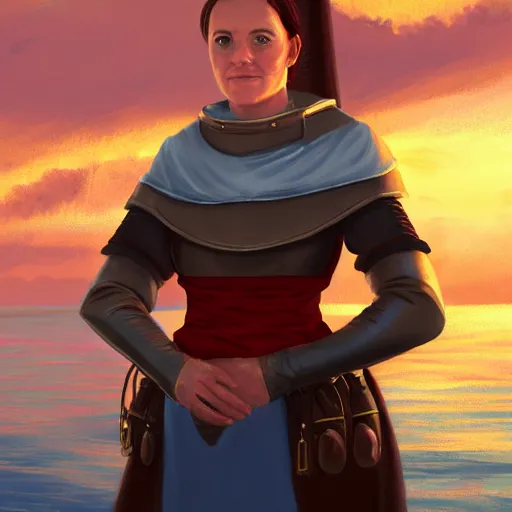 Prompt: portrait of a medieval woman ship pilot on a ship on the sea, looking at sunset, wearing breastplate, hair in side part, digital art, bokah, artstation