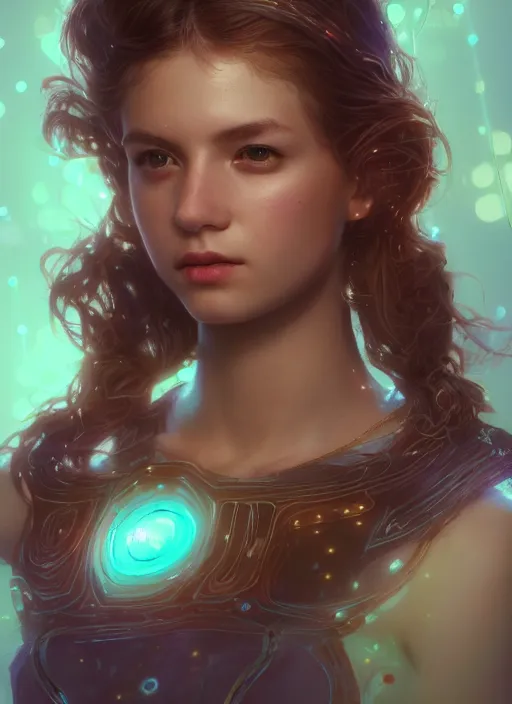 Image similar to glowwave girl portrait, hyper detailed, 3 / 4 shot, digital art, trending in artstation, cinematic lighting, studio quality, smooth render, unreal engine 5 rendered, octane rendered, art style by klimt and nixeu and ian sprigger and wlop and krenz cushart