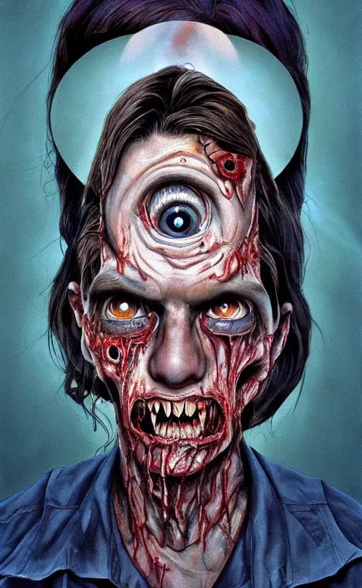 Image similar to upper half portrait of a man with spiral eyes and zombie features drooling - inside of a distorted with 3 d eyes all around him - in drew struzan movie poster style, art by drew struzan & hsiao - ron cheng, highly detailed, digital painting, ray tracing, illustration, smooth, sharp focus, intricate, symmetry, artstation,