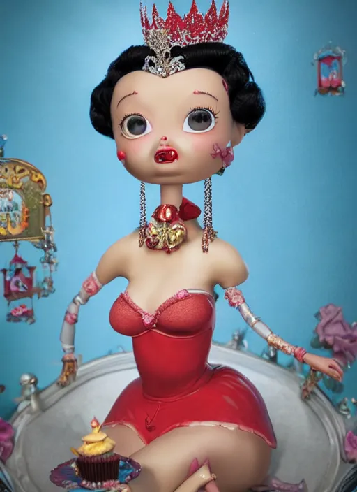 Prompt: closeup face profile portrait of tin toy betty boop as a fairytale princess wearing a crown eating cakes, bikini, depth of field, zeiss lens, detailed, symmetrical, centered, fashion photoshoot, by nicoletta ceccoli, mark ryden, lostfish, breathtaking, 8 k resolution, extremely detailed, beautiful, establishing shot, artistic, hyperrealistic, octane render