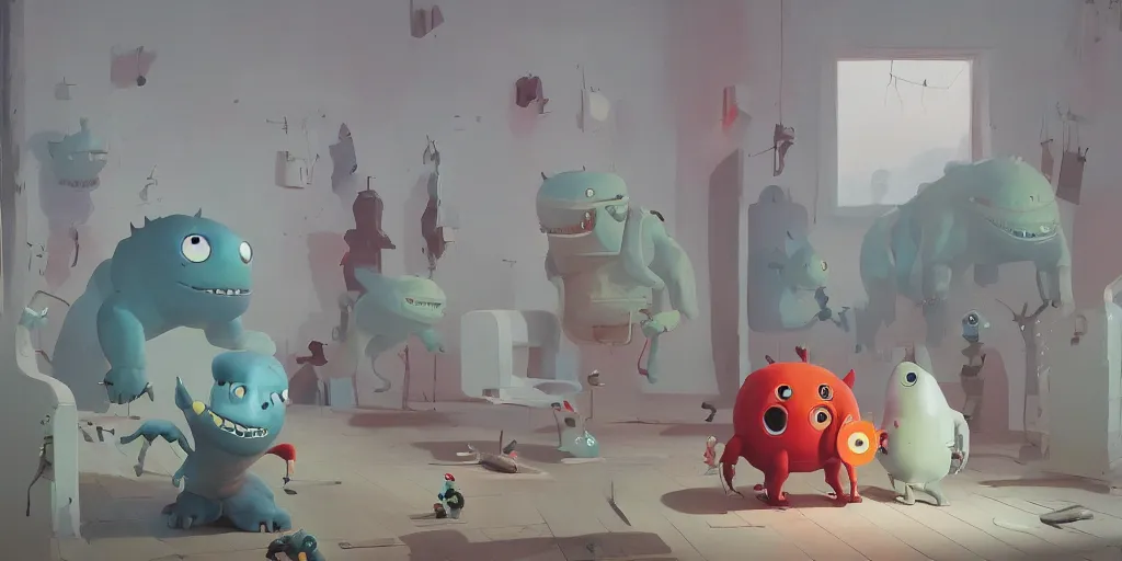 Prompt: cute monsters in an art gallery by Goro Fujita and Simon Stalenhag , 8k, trending on artstation, hyper detailed, cinematic