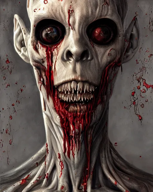 Image similar to Haunting horrifying hyperrealistic detailed painting of a tall slim flesh extraterrestrial creature covered in thick black blood, heavy metal, disgusting, creepy, unsettling, and bloodshot eyeballs, hyper detailed, trending on Artstation