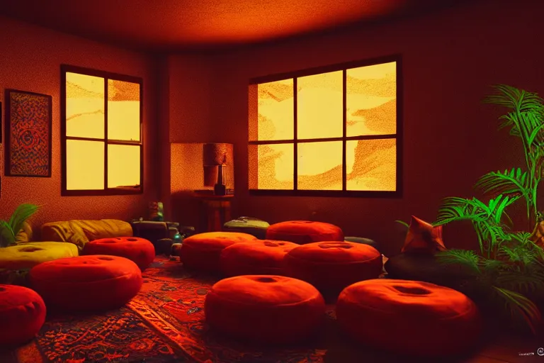 Image similar to interior of a 6 0 s hippie lounge, water pipes, lava lamps, ambient light, persian carpets, pillows, realistic, highly detailed, unreal engine, octane render,