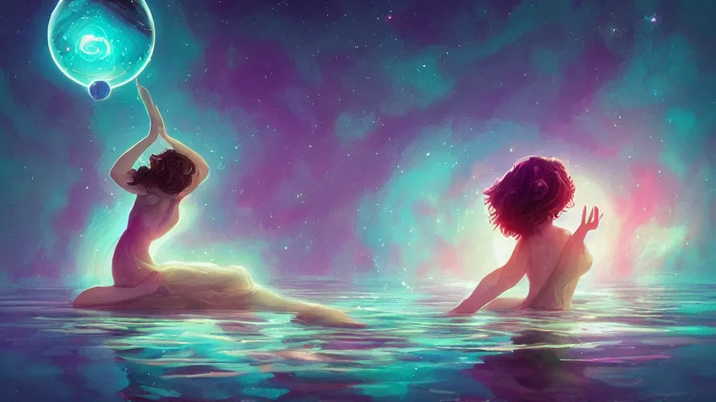 Image similar to a beautiful whimsical goddess floating above a lake basking in the moonlight, casting a spell, underneath a multi-colored binary blackhole with an accretion disc, glowing trails following her arms, acidwave, by Lois van Baarle, by Greg Rutkowski, by artgerm, by beeple, by studio ghibli, cinematic angle, volumetric lighting, 4k resolution, octane render, trending on artstation, masterpiece