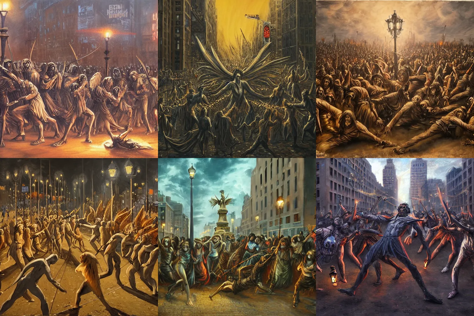 Prompt: An undead fighting hordes of angels in the middle of new york in the evening under the light of street lamps. Zdzisław Beksińsk style. Very detailed, 8k. @Banana