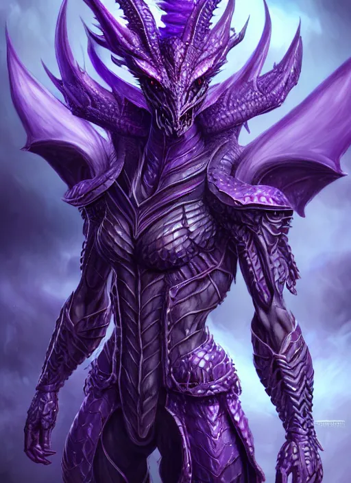 Image similar to muscular and tall purple ghostly fire humanoid dragon!!!! draconian!! intricate ornate iridescent heavy armor!! character concept art, sharp focus, octane render! unreal engine 5! highly rendered!! trending on artstation!! detailed linework!! illustration by artgerm, wlop, and chie yoshii