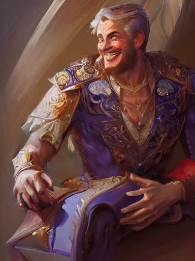 Image similar to a noble man smiling with flirty eyes. crossed arms, sitting in his chair. intricate, elegant, highly detailed, digital painting, artstation, concept art, sharp focus, illustration, by justin gerard and artgerm, 8 k