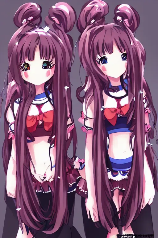 Image similar to two beautiful female idols with twintails standing chest to chest on stage, detailed anime art