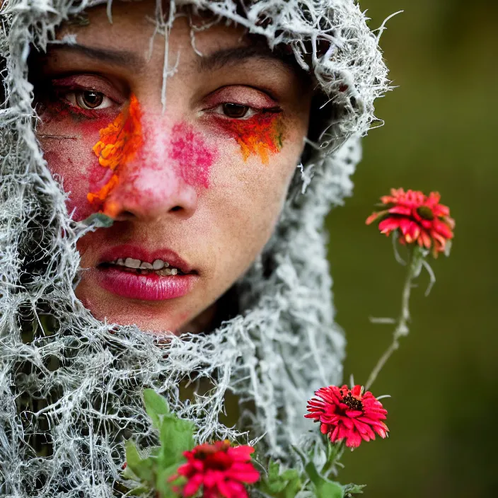 Image similar to a closeup portrait of a woman wearing a hooded cloak made of zinnias and barbed wire, in a derelict house, by Corbin Gurkin, natural light, detailed face, CANON Eos C300, ƒ1.8, 35mm, 8K, medium-format print