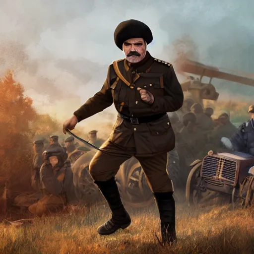 Prompt: fullbody of burt reynolds, wearing simple russian ww 1 clothes in black fur beanie, russian villages at background, style ivan talavera and artgerm, radiant lighting, hyper realistic, photorealistic, octane render, trending on artstation, cgsociety, cinematic light, global illumination