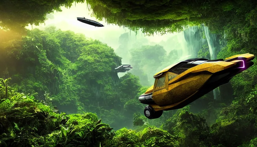 Image similar to a distant futuristic scifi flying car floating in a prehistoric jungle cave, lush flora, waterfall, sunset, hazy, volumetric lighting, rtx on, photorealistic render, great composition, very detailed