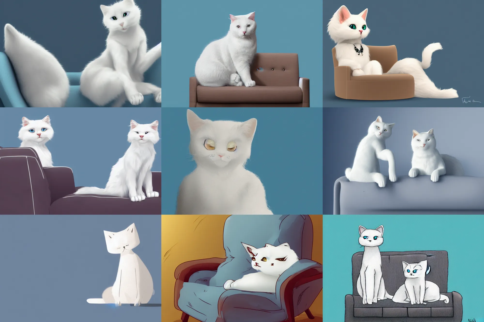 Prompt: A white anthropomorphic cat sitting on a couch, soft lighting, light blue background, digital art, r/furry