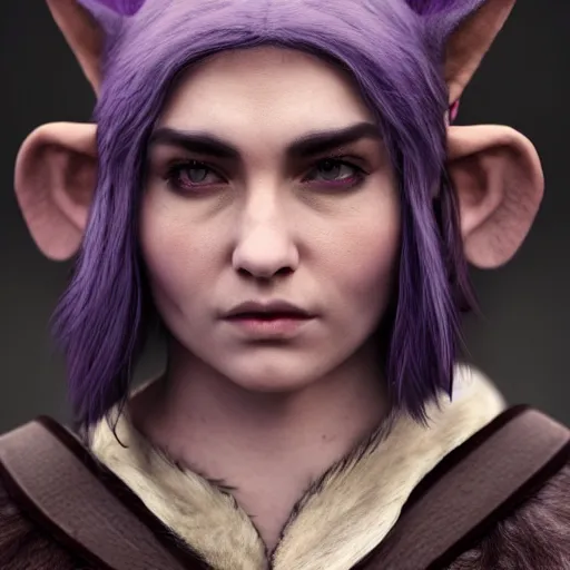 Image similar to anya charlota as a medieval fantasy tolkien elf, dark purplish hair tucked behind ears, wearing leather with a fur lined collar, wide, muscular build, scar across the nose, one black, scaled arm, cinematic, character art, digital art, realistic. 8 k, detailed.