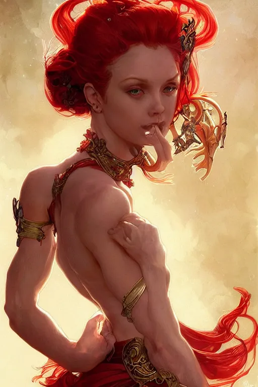 Image similar to portrait of a lithe stunningly beautiful red headed ifrit genie - kin paladin, female, upper body, fantasy, intricate, elegant, highly detailed, digital painting, artstation, concept art, sharp focus, illustration, art by artgerm and greg rutkowski and alphonse mucha