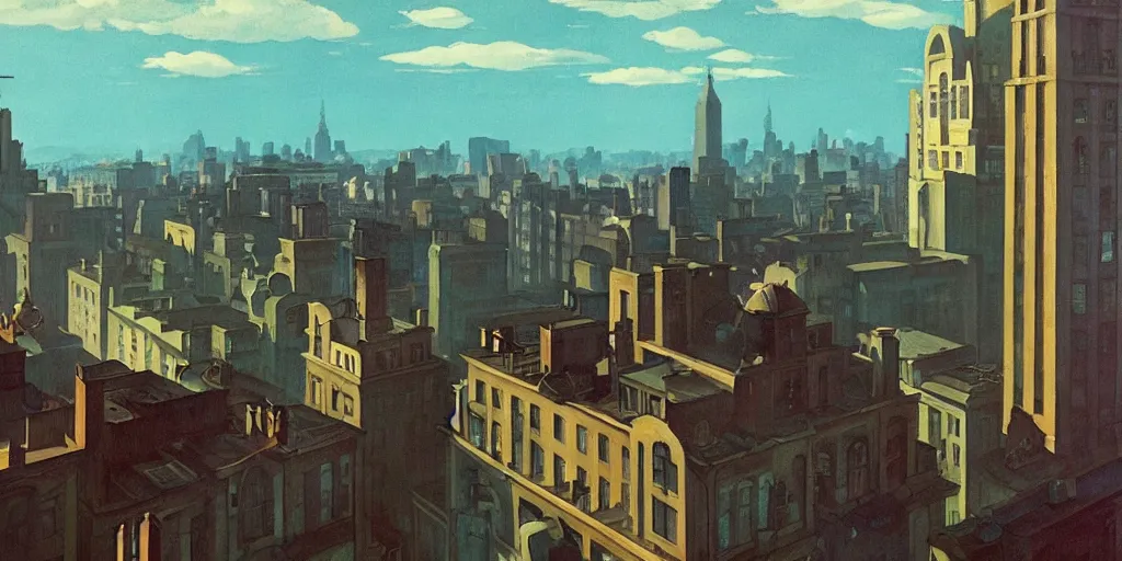 Image similar to A mysterious glowing and powerful atom shines above a city square, dieselpunk, by Studio Ghibli and Edward Hopper